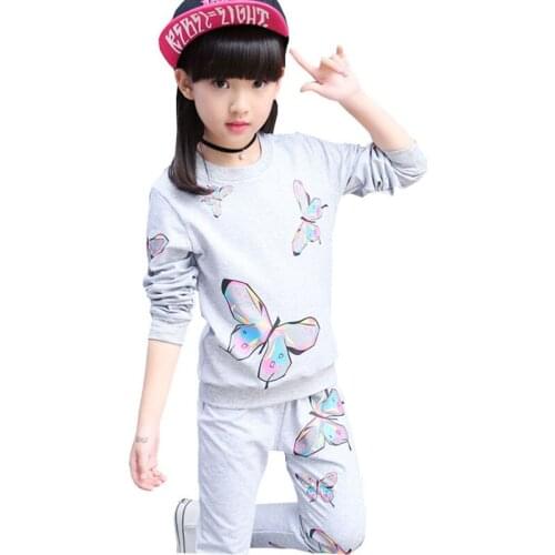 Kids 2018 new spring autumn long-sleeved printing butterfly sports suit jacket + pants 4 6 8 10 12 years old baby girls clothes