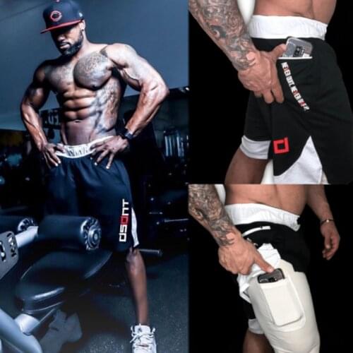 Summer Men Outdoor Bodybuilding Exercise Jogger 2 in 1 shorts Gyms Workout Mesh Quick Dry Male Leisure zipper pocket Shorts
