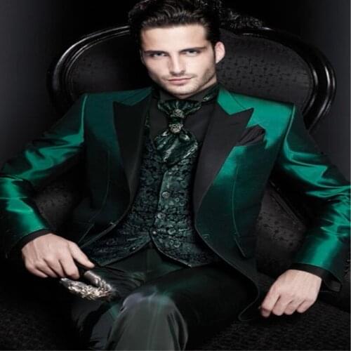 New Arrivals Italian Green Men Suits Satin Slim Fit Formal Groom Ball Gown Tuxedo Male Coat 3 Piece Blazer Jacket + Pants + Vest
