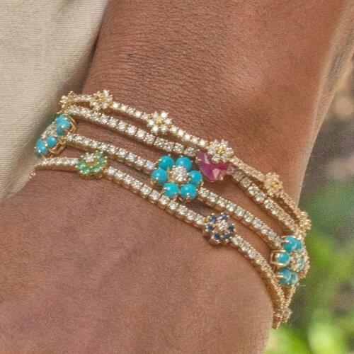 2021 Spring New Arrived Fashion Jewelry 3mm Prong Set CZ Tennis Chain Rainbow Daisy Flower Charm Colorful Bracelet