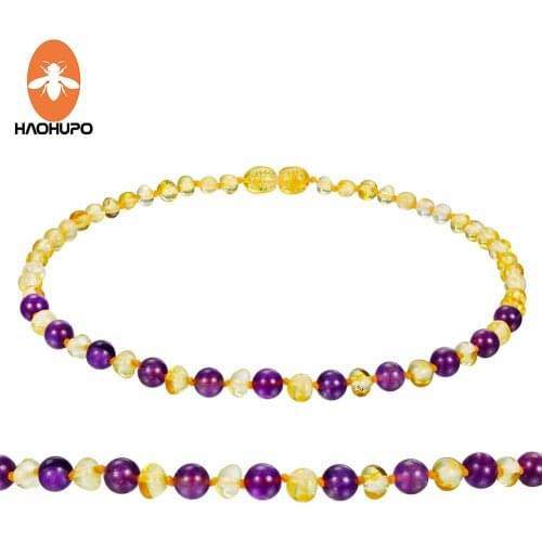 HAOHUPO Amber Teething Necklace for Baby (Unisex) Natural Gemstone Amethyst + Baltic Amber Beads Bracelet for Women Fine Gift
