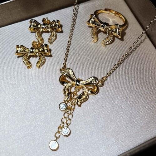QTT 18k Gold Luxury Jewelry Sets Bowkont Design Pendant Necklace Ring Earrings Set For Women Wedding Engagement Bridal Gift