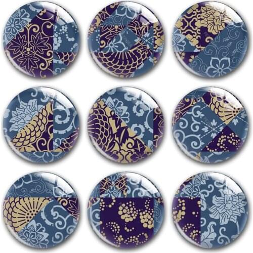 Handmade Geometry Floral stitching blue pattern Round photo glass cabochons demo flat back DIY jewlery Making findings accessory