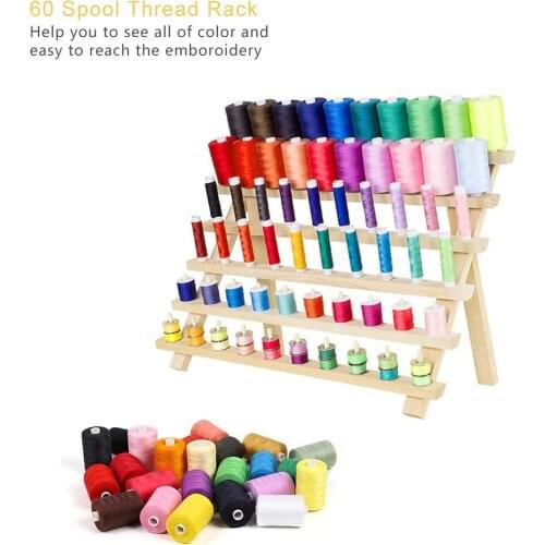 60 Spool Foldable Wood Thread Stand Rack Holds Organizer With Hanging Hooks Cone Embroidery Machine Sewing Storage Holder