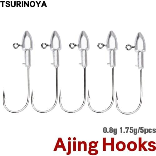 TSURINOYA 0.8g 1.75g Finesse AJING Jig Head Hooks 5PCS Artificial Soft Lure Rockfish Worm Hook Ultralight Fishing Ajing Rod