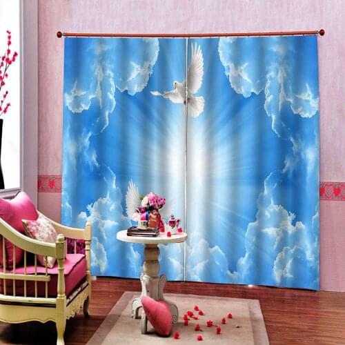 Custom Blue Sky White Clouds Sunshine Curtain 3D White Pigeon For Living Room Bedroom Hotel Blackout Window Drapes Sets