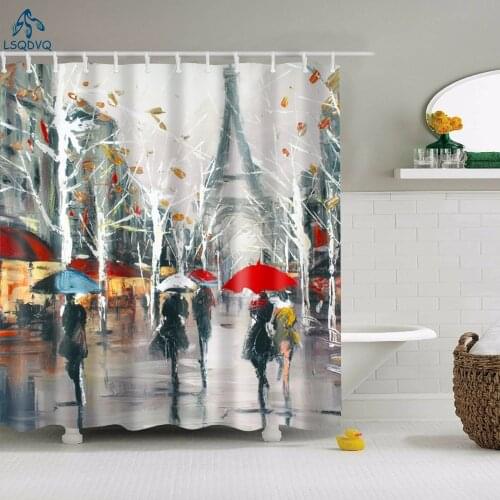 Decorative Oil Painting Printed Fabric Waterproof Polyester Shower Curtains For Bathroom With Hooks 180X180cm