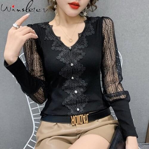 Spring Fall Korean Style T-Shirt Girls Chic Sexy V-Neck Button Pathwork Lace Women Tops Long Sleeve Hollow Out Tees New T11612A