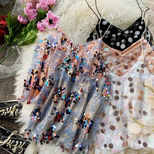 2021 New Sexy Hollow Out Women Lace Camis Sequins Work Women Tanks Tops Bling Bling Gold Sequins Camis