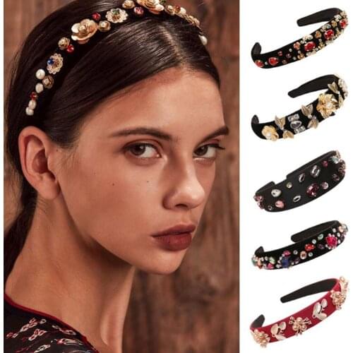 Women Girl Shiny Rhinestone Faux Pearl Jewelry Headband Wide Brim Hair Hoop Gift Headband for Girls Women Accessories