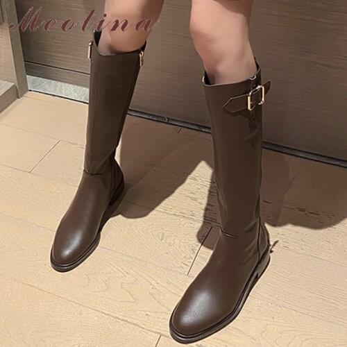 Meotina Genuine Leather Riding Boots Women Round Toe Zipper Shoes Thick Low Heel Lady Knee High Boots 2021 Autumn Winter 33-43