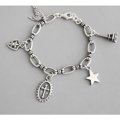 Korean Version 100% S925 Sterling Silver Bracelet Retro Cross Shield Wings Iron Tower Five-pointed Star Chain Female Bracelet
