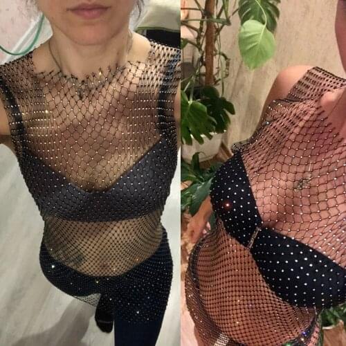 Hirigin Bling Fishnet Women Sexy Dress Hollowt Summer Cover Up Dress Bikini Fit 2020 New Sleeveless Shiny Diamonds Party Dress