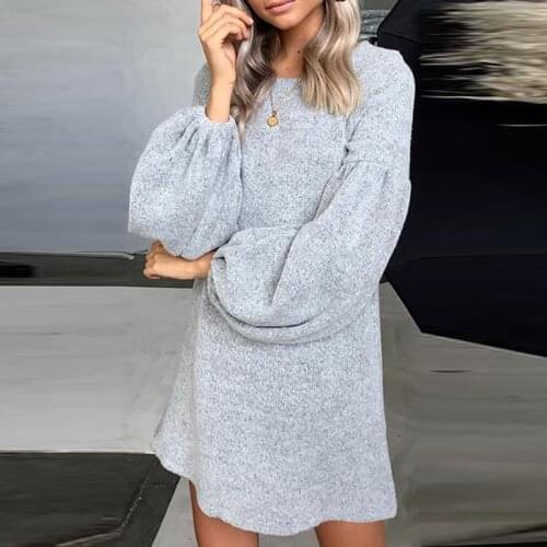 O Neck Puff Sleeves Woman Dress 2020 New Autumn Casual Long Sleeves A Line Dress Solid Loose Office Lady Female Dress