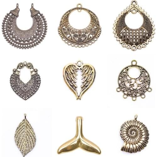 10Pcs/Lot Bohemian Filigree Flower Carving Chandelier Charms Mermaid Tail Shell Leaf Wing Pendant For Earring Necklaces Jewelry