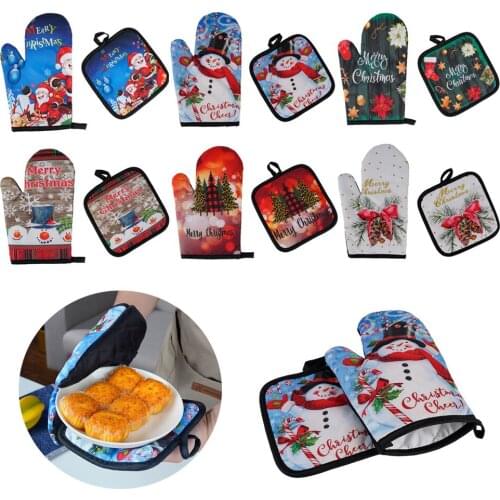 2 Pcs/Set Anti-scalding Gloves Pad Oven Mitts Baking Christmas Pattern Insulation Gloves For Kitchen Grill Microwave Party Deco