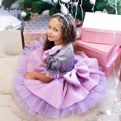 Glitter Ball Gown Girl Birthday Dress Satin Bow Shiny Puffy Kids Party Dress Luxury Girl Princess Dress платье для девочки