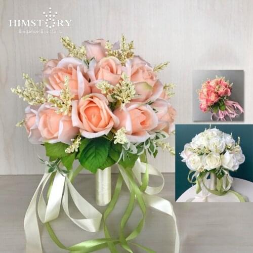HIMSTORY Elegant Pink/White/Champagne Roses Flowers Wedding Bouquet Artificial Bridal Bouquets Wedding Accessories Boque Noiva