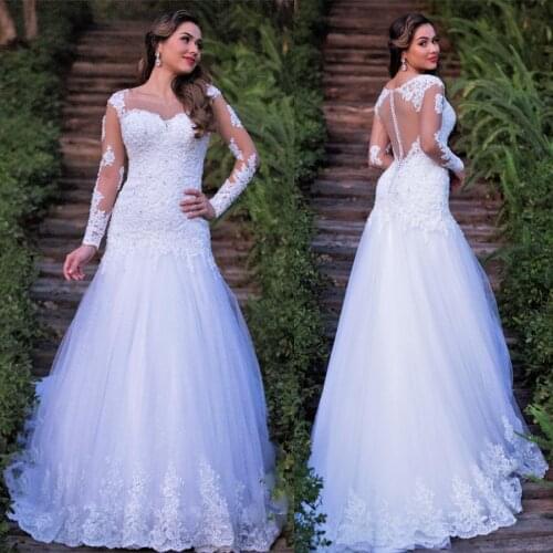 Scoop Long Sleeves Mermaid Lace Applique Illusion Back Wedding Dress with Crystals Bridal Gown robe de mariee dentelle