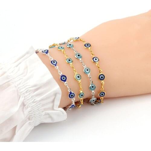 Fashion Stainless Steel Bracelets Gold Blue Red Evil Eye Enamel Bead Bracelet Jewelry For Women Men Gifts 18.7cm Long 1 PC