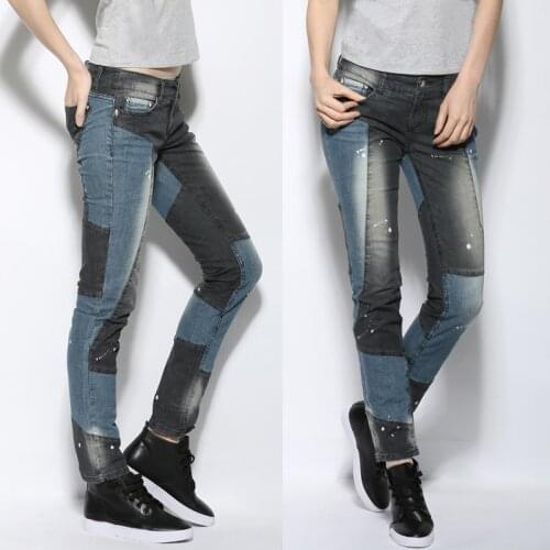 Spring Fall Fashion Casual Women Patchwork Low Waisted Printed Skinny Denim Trousers , Woman Bleached Slim Stretch Jeans Pants