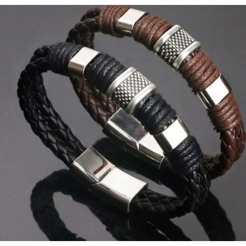 Men Simple Lines Jewelry Weave Charm Round Leather Bracelet Stainless Steel Accessories Leisure Comfortable Holiday Jewelry
