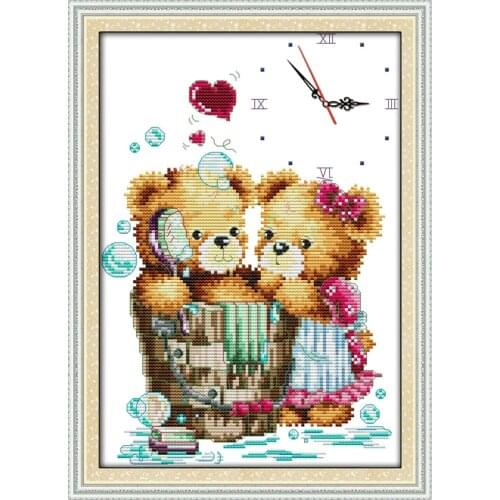 Kiss bear clock face cross stitch kit 14ct 11ct count print canvas wall clock stitching embroidery DIY handmade needlework