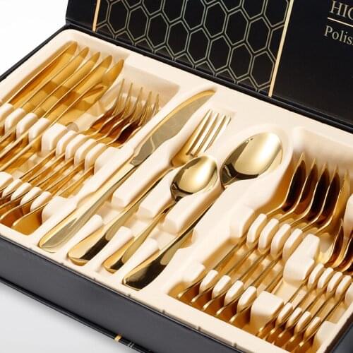 24 Pieces of Colorful Cutlery Set, Stainless Steel Kitchen Mirror Gold Cutlery Set, Cutlery Set, Gift Box Packaging
