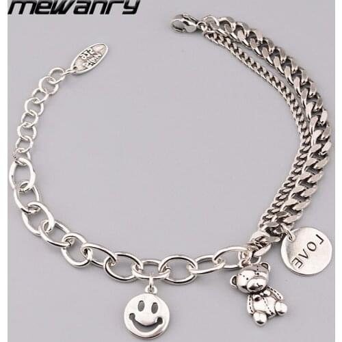 MEWANRY New 925 Sterling Silver Asymmetric Chain Bracelets INS Fashion Vintage Simple Smiley Face Bear Thai Silver Party Jewelry