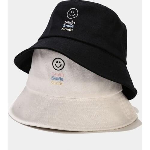 New Smiley Embroidery Fisherman Hat for Women and Men Summer Couple Bob Hat Foldable Outdoor Sun Protection Hat Unisex Panama