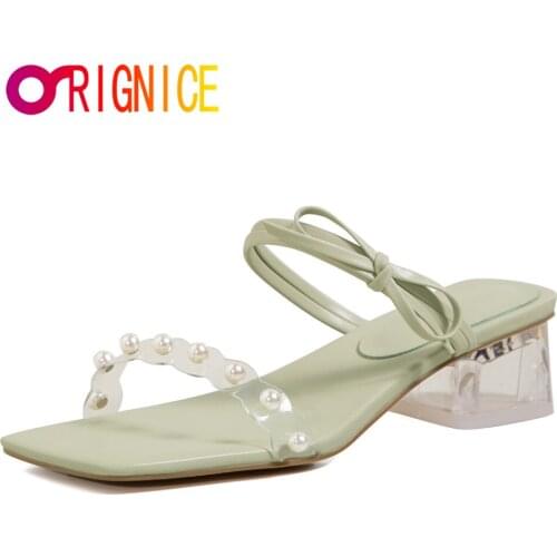 Orignice Sweet Transparent Med High Heel Sandal Women Beige Green Summer Clear PVC Pearl Decorations Bowknot Party Dress Slipper
