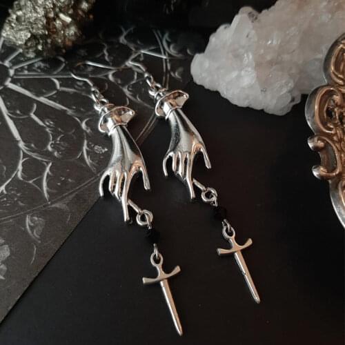 Silver Plated Witchy Victorian Hand Earrings-Occult-gothic-hands-Dagger-athame-Knife-goth-blade-lady Hands