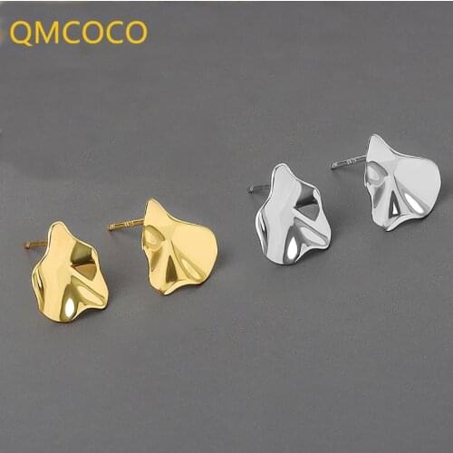 QMCOCO 925 Silver Geometry Irregular Concave-Convex Leaf Style Small Stud Earrings For Women Jewelry Accessories