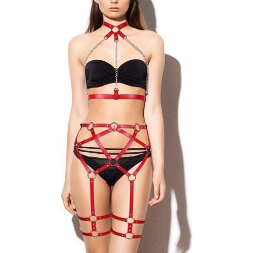 Luxury Harajuku Harness Womens Belt Metal Chain Punk Dance Rave Garters Sexy Lingerie Set PU Leather Cage Bra Suspender