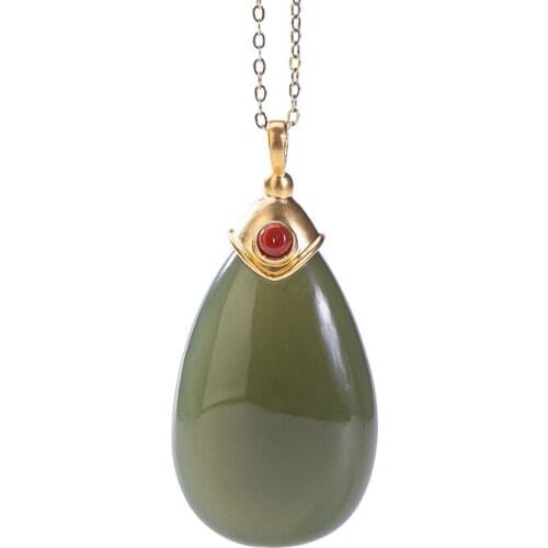Pure gold inlaid natural Hetian gray jade pendant personality, elegance and simplicity drop-shaped womens pure gold pendant