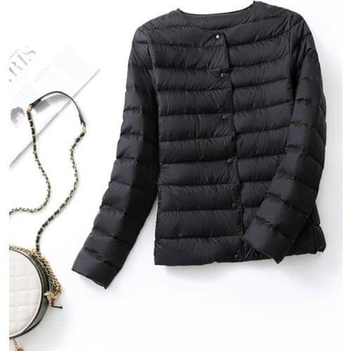 Light White Duck Down Jacket Womens 2021 New Slim Fit Collarless Fashion Warm Inner Liner Short Round Neck Large Coat