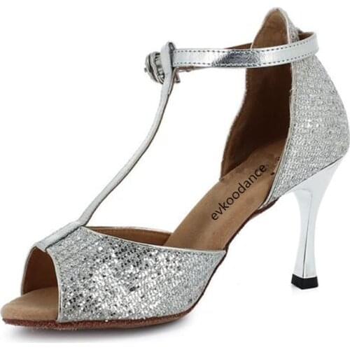 Evkoodance Women T-bar Latin Dance Shoes 7cm Heeled Latin Salsa Ballroom Shoes Ladies Club Party Dance Shoes Glitter Women Shoes