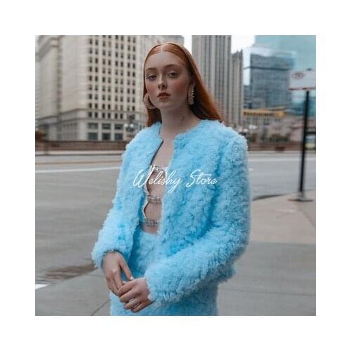Elegant Sky Blue Trendy Casual Outfits Full Sleeves Blouse Shirts Women Ruffles Pleated Tulle Party Tops Tulle Ropa De Mujer