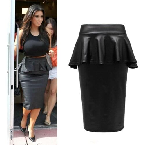 2015 Summer Ladies Womens Bodycon Plus Size Black Faux Leather ruffles Midi Peplum Pencil Skirt Smart Office Skirts Saias Lapis