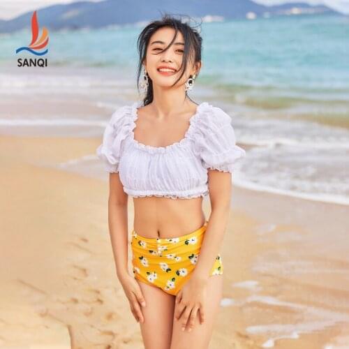 SANQi female swimsuit split sexy square neck split high waist thin hot spring swimwear womens two-piece swimming suit wear