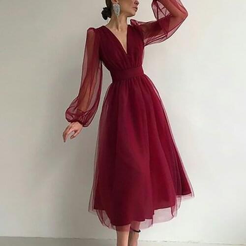 JSXDHK Runway Autumn Mesh Long Dress Elegant Women Sexy Deep V Neck Red Party Dresses Vintage Lantern Sleeve Ball Gown Vestidos