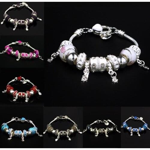 DIY Jewelry Making Women Silver Plated Snake Chain Lobster Charm Bracelet & Bangle with European Style Crystal Murano Glass Bead
