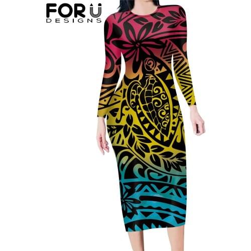FORUDESIGNS Hibiscus Hawaiian Polynesia Style Womens Bodycon Round Neck Stretchy Pencil Dress Elegant Comfortable Evening Cloth