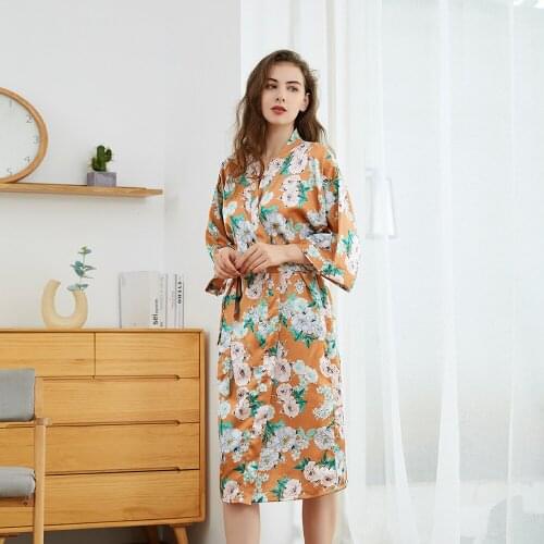 Women Print Rayon Kimono Bathrobe Robe Sexy V-Neck Nightgown 3/4 Sleeve Sleepshirt Bride Dressing Gown Summer Loose Home Clothes
