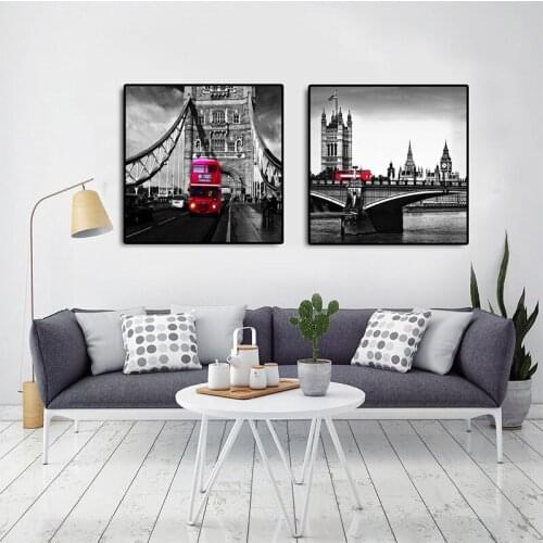GOODECOR Modern Wall Art Red Bus London Landscape Pictures Painting Black and White Canvas Printed for Living Room