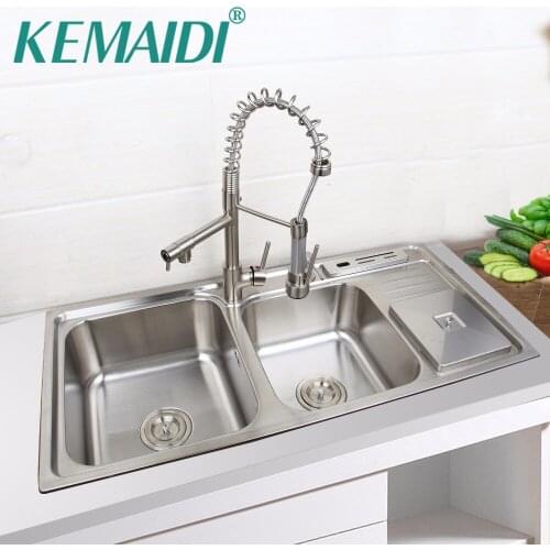 KEMAIDI Kitchen Set Nickel brushed Stainless Steel Double Sinks Undermount Washbasin W/Pull Up Down Nickel Mixer Faucet Tap