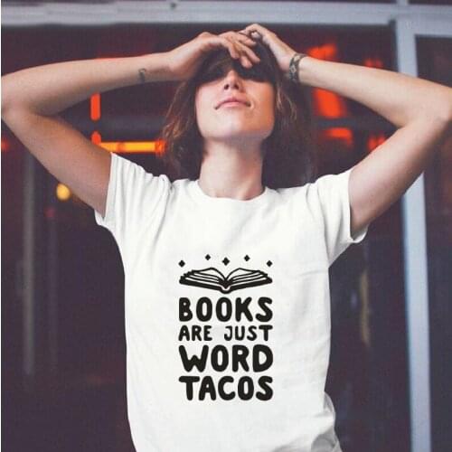 Books Word Tacos Letters Print T-shirt Womens Harajuku Casual Cotton Tees Summer Outdoor Plus Size 0-Neck Korean Clothes Tshirt