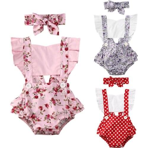 2PCS Newborn Infant Baby Girl Jumpsuit Ruffles Sleeve Polka Dot Floral Print Bodysuits Headband Clothes Outfit Summer