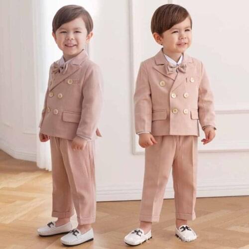 Childrens Double Breasted Suit Set Flower Boys Wedding Party Performance Costume Kids Blazer Pants 2 Pcs Clothing Sets