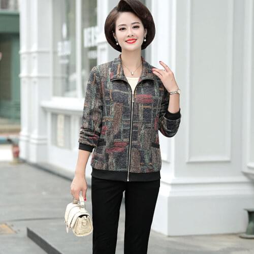 Middle-aged Womens Long Sleeve Jacket 2021 Spring Autumn Printing Coat Loose Outerwear Lady Large Size Casual Zipper Coat W511